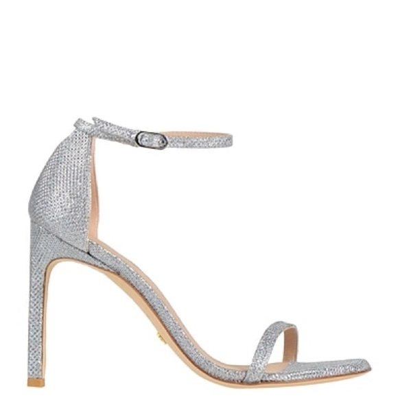 Stuart‎ Weitzman Nudistcurve Silver Glitter Ankle Strappy Sandals 75mm Sz 8 - Picture 2 of 9